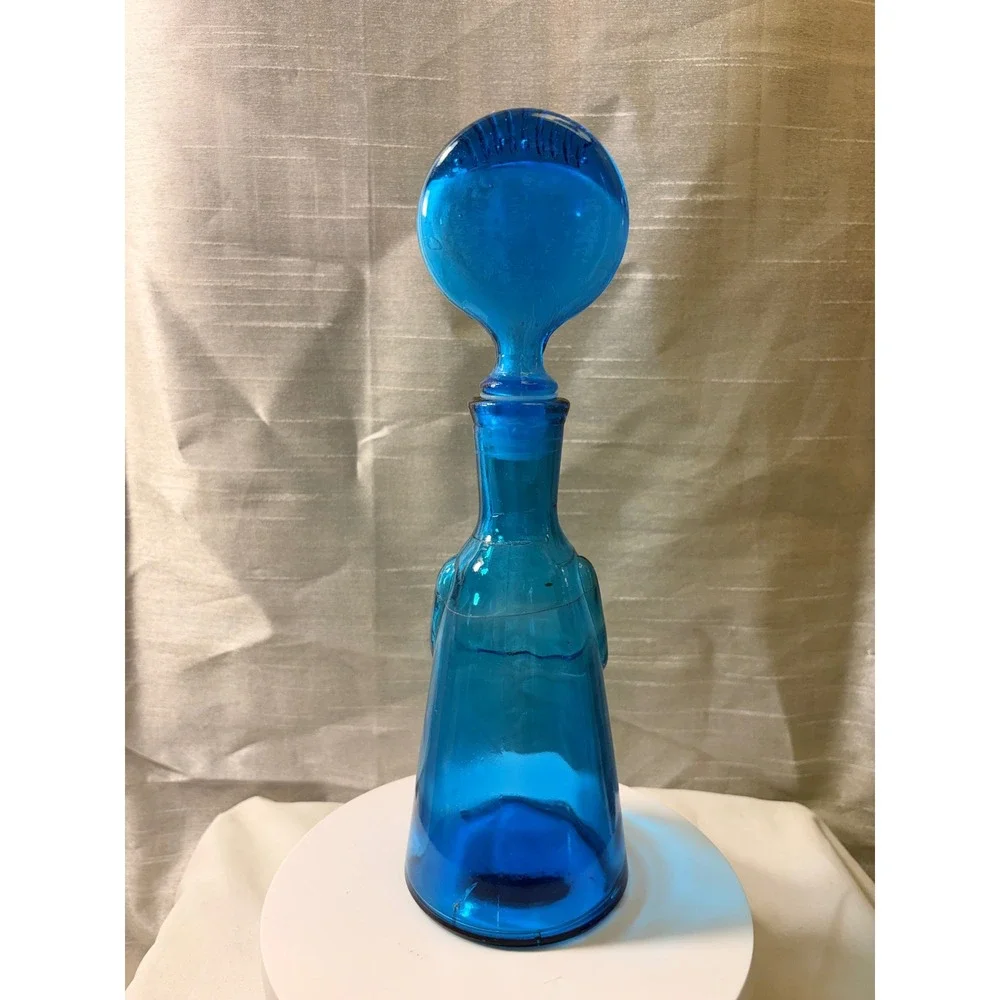 Vintage Erik Höglund Boda Blue Glass People Decanters Face Stoppers Pair MCM